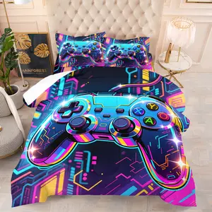 Cyberpunk Game Controller Print Comforter Set with 1-2 Pillowcases No Core, Soft Warm Futuristic Tech Bedding, Abstract Circuit Geometric Lines Background & Neon Light Effect Game Controller, Gamer Gift