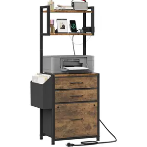 3 Drawer File Cabinet with Charging Station, 45''H, 3-Tier Small Filing Cabinet for Home Office, 11''*16'' for Small Printer, Fabric Drawer Fits Letter/A4, Tall Printer Stand, Rustic Brown