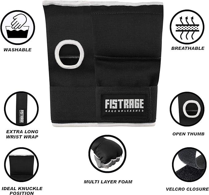 FISTRAGE Boxing Hand Wraps Inner Gloves for MMA & Kickboxing - Gel-Padded V-Foam, Elasticated Padded Cotton Bandage, Long Lasting Velcro Closure, Supportive Fit