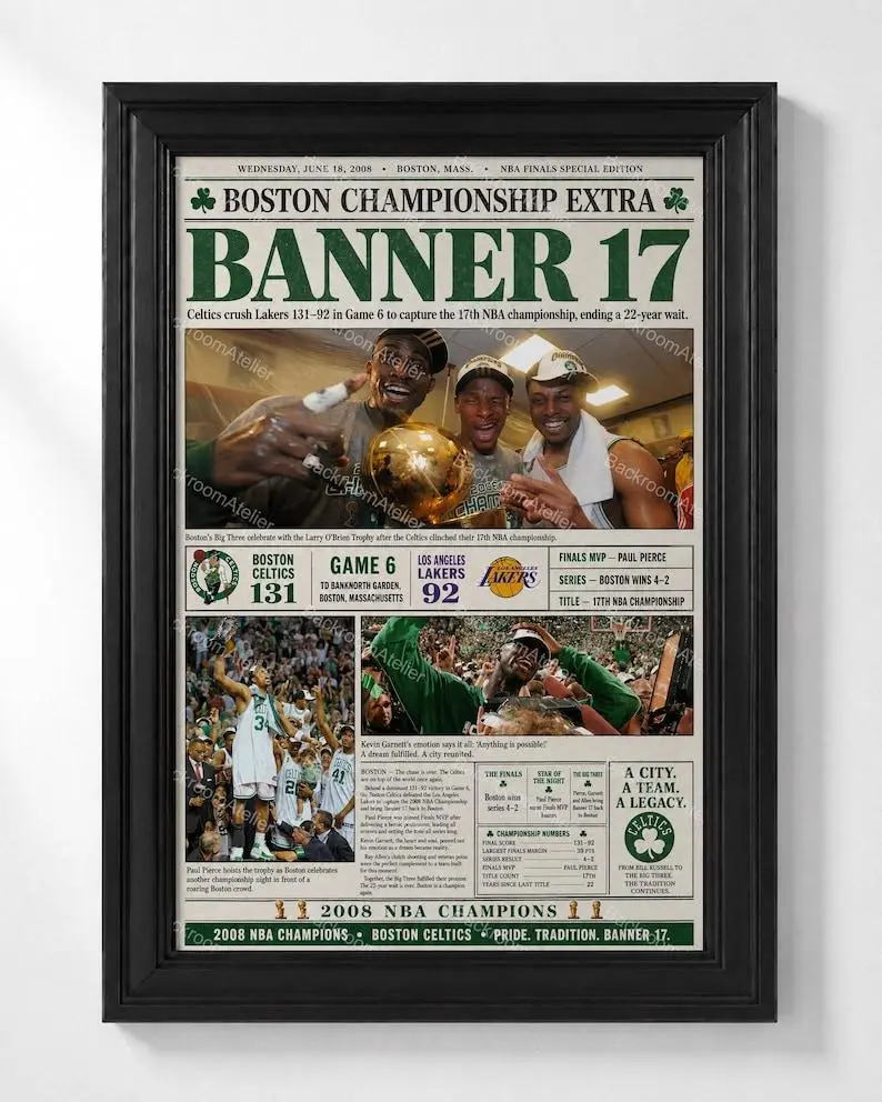 Boston Celtics 2008 Championship Newspaper Print, Banner 17 NBA Finals Wall Art, Basketball Memorabilia Poster