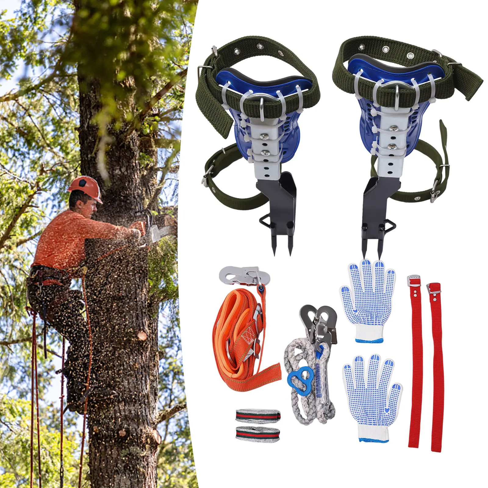 Tree Climbing Gear for Hunters, Professional Carbon Steel Spikes Kit with Cotton Straps, Safety Harness and Rope for Fruit Picking, Adjustable, Modern, Climbing Tools, Fire Rescue, Construction Workers, Load150kg