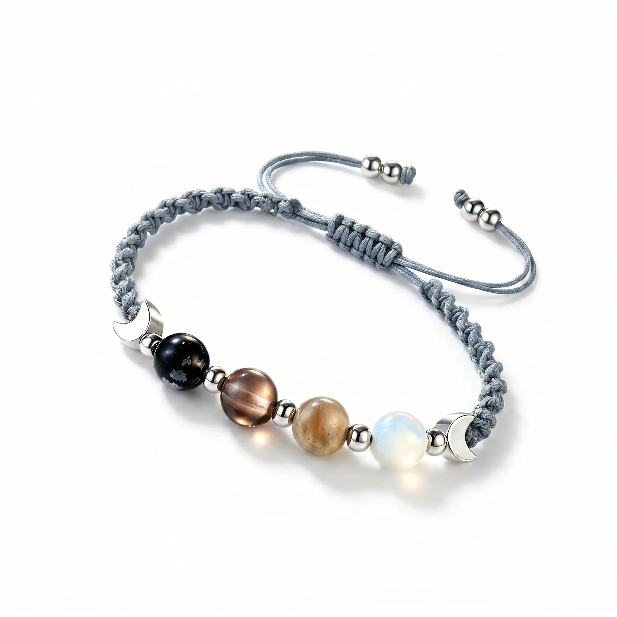 Witchy Natural Crystal Energy Bracelet - Adjustable & Comfortable Soft Cord Spiritual Item for Adults, Moonstone, Obsidian, Smoky Quartz, Labradorite, Dark Gradient Beads, Celestial Charms, Witchtok Costume Jewelry for Negativity Clearing