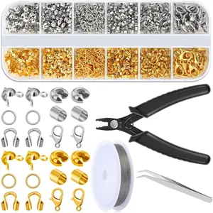 1200 count Crimp Beads Supplies for  Making, Including Crimp Covers, Crimp Tubes and Wire Guardians, Lobster Clasps, Jump Rings, Crimping Pliers and Beading Wire for Bracelets Making