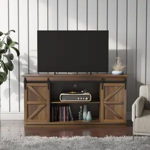 TV Stand For Living Room, Mid Century Modern Entertainment Center With Sliding Barn Doors And Storage Cabinets, Metal Media TV Console Table For TVs Up To 65" Wall Mounted Floating Lights White Color Block Sofa Set Brown Faux Leather Cloud Sectional