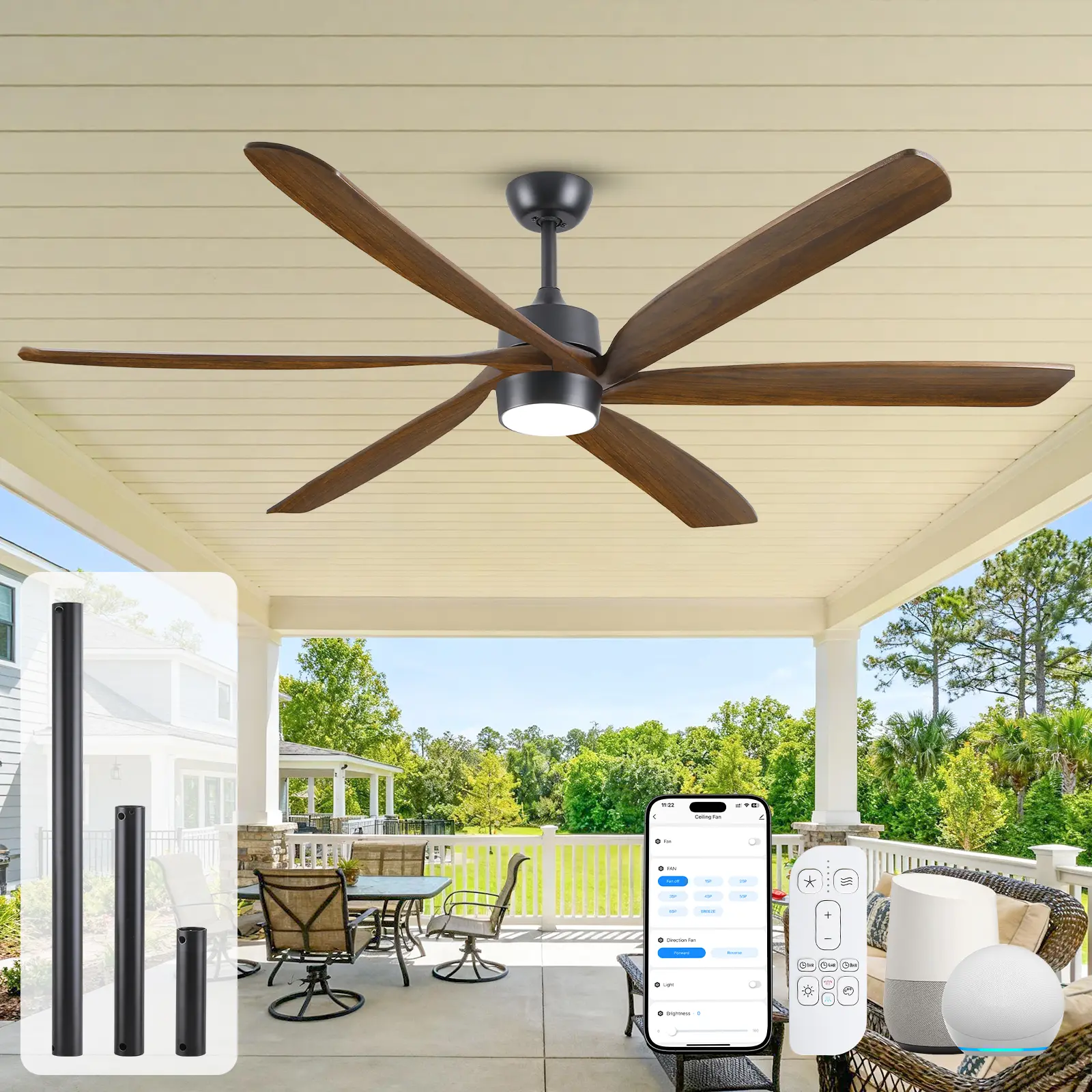 60/72Inch Large Ceiling Fan with Light and Remote,Modern Rustic Wooden Ceiling Fans for Indoor/Outdoor Use Farmhouse Patio Bedroom,6 Solid Wood Blades, Dimmable LED Reversible Noiseless DC Motor, Walnut Color