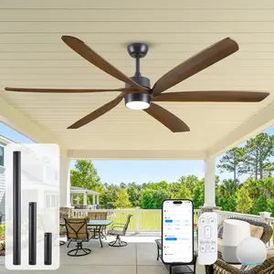60/72Inch Large Ceiling Fan with Light and Remote,Modern Rustic Wooden Ceiling Fans for Indoor/Outdoor Use Farmhouse Patio Bedroom,6 Solid Wood Blades, Dimmable LED Reversible Noiseless DC Motor, Walnut Color