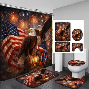 Flannel Waterproof Lightweight Decorative Shower Curtain Set (4pcs), American Independence Day Patriotic Eagle & Fireworks Design, with U-Shaped Toilet Lid Cover, 12 Hooks, 72x72in Star-Spangled Home Bathroom Decor