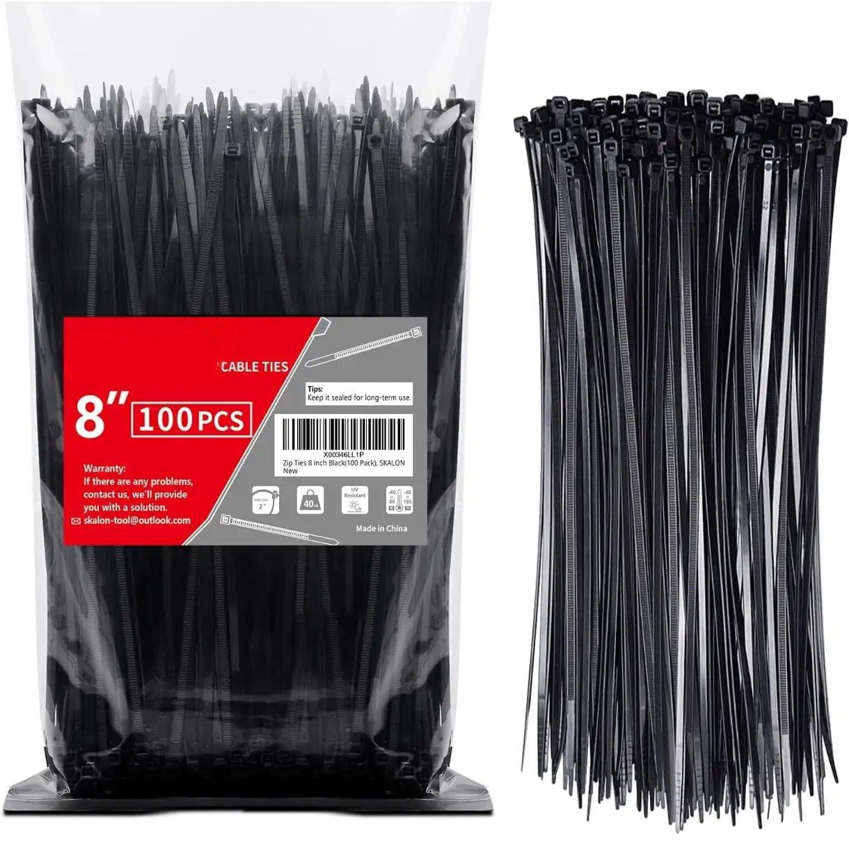 Zip Ties 8 inch (100 Pack), 40lbs Tensile Strength, Black Cable Ties, Wire Ties for indoor and outdoor use, by