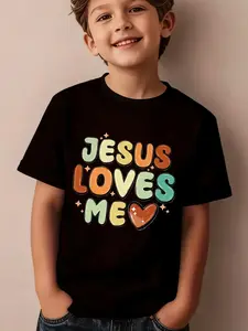 Kids' "Jesus Loves Me" Retro Multicolor Christian Graphic T-Shirt, Black Cotton Short Sleeve Tee