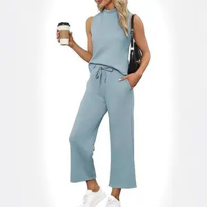 Two Piece Sets for Women Summer Outfits Lounge Sets Mock Neck Tops Wide Leg Crop Pants Vacation Travel Outfits Clothes Womenswear