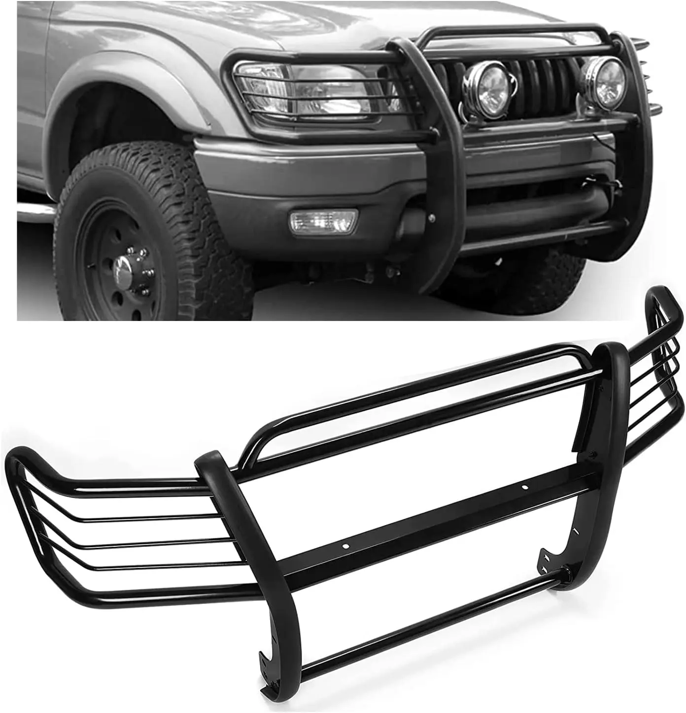 HECASA Alloy Steel Grill Brush Guard Bar - Bolt-On, Black Powder Coated Light Protector for 1998-2004 Toyota Tacoma Truck, Aggressive Look Car Exterior Accessory