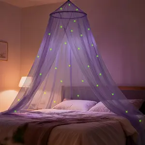 Purple Bed for Girls with Glow-in-The-Dark Stars, Curtains Fits Single, Twin, Full, Queen Size Bed, Bedroom Accessories, Ceiling Tent