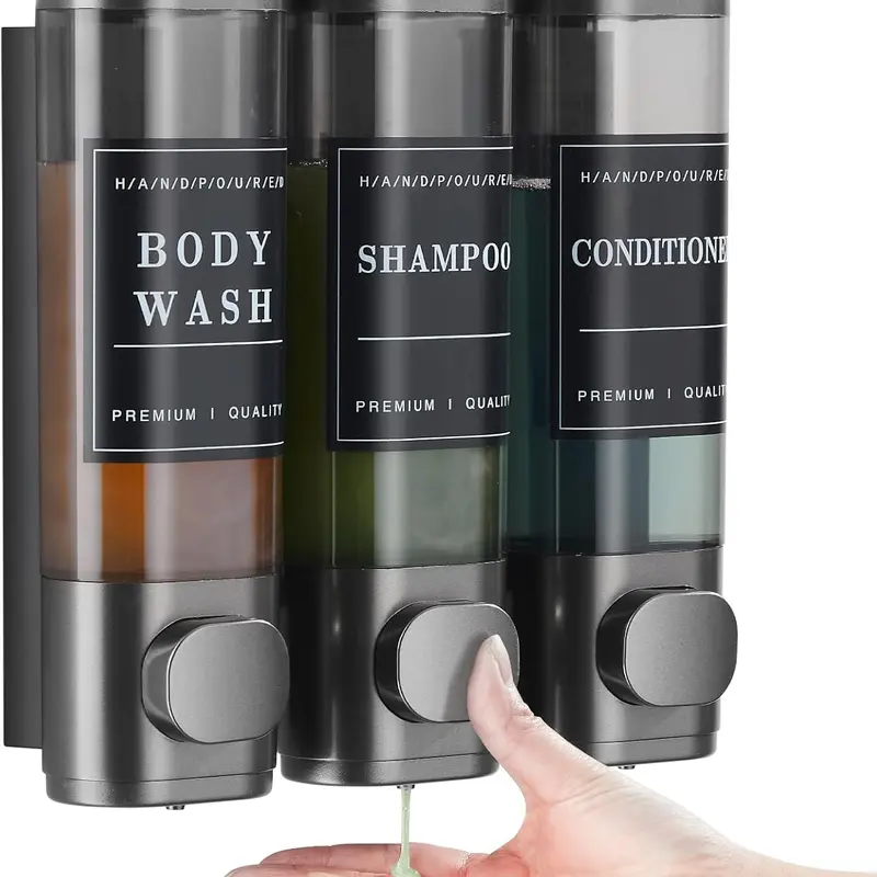 Zoronk ABS 3-Chamber Design Soap Dispenser, No-Drill Wall-Mounted for Bathroom, Large-Capacity Fill Push Button Accessory for Shampoo & Conditioner Shower Routine, Black (Wall-Mount Ease Feature)