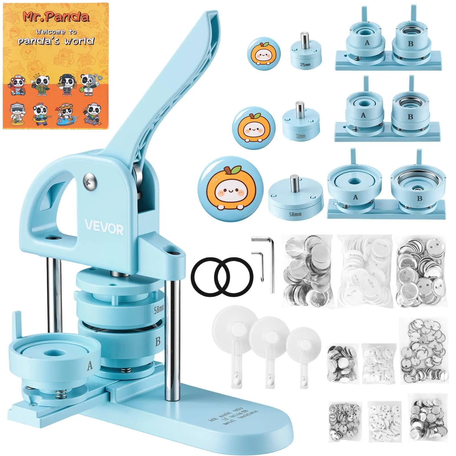 VEVOR Button Maker Machine 1"/1.25"/2.25"(25/32/58 mm) Pin Maker Blue, with 300pcs Button Parts, Circle Cutter and Magic Book, Ergonomic Handle, for DIY Badges, Pins, Fridge Magnets and Key Chains