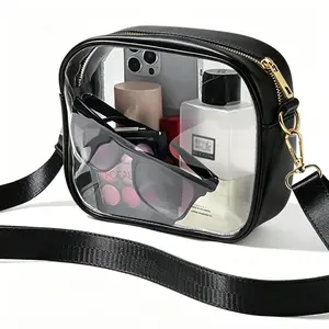 Stadium Approved Clear Crossbody Bag - Waterproof PVC Fashion Clear Purse with Premium Leather Trim Detachable Adjustable Strap for Concerts Game Day Festivals Airport Travel & Daily Use