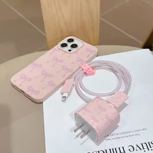 6-Piece Bow Phone Case Set, Charger Head Cover, Cable Protector, Storage Rope, Data Line Protection, Fits iPhone Models