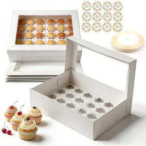 6pcs 24 Cavity Cupcake Boxes with Window, White Bakery Boxes with 12 Thank You Stickers and Satin Ribbon, Disposable Cupcake Containers for Cupcakes, Muffins, Cookies, Treats