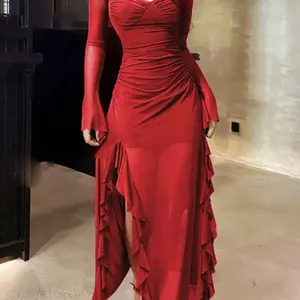 Women's Plain Ruffle Trim Long Sleeve Dress, Elegant Fashion Casual Sheer Mesh Dress for Daily Outdoor Wear, Women Dress for All Seasons，black tie wedding guest dress