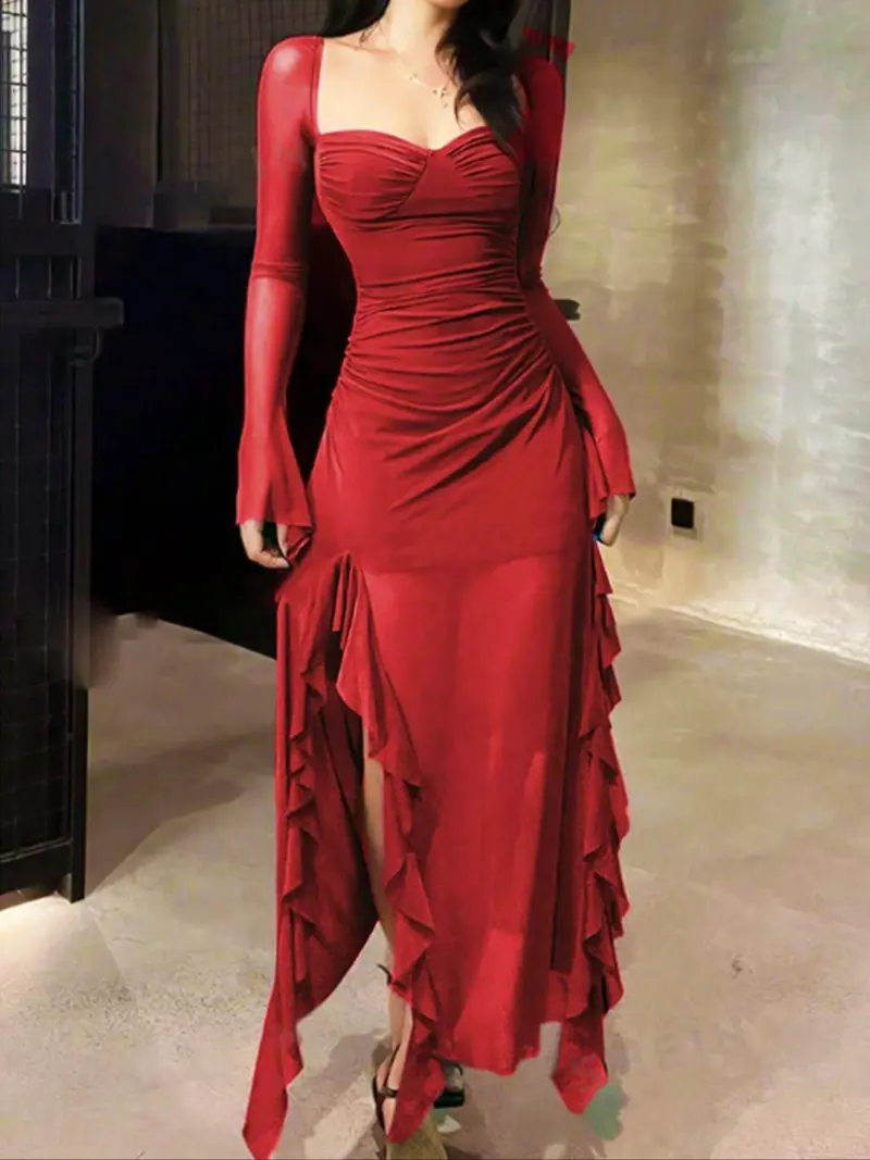 Women's Plain Ruffle Trim Long Sleeve Dress, Elegant Fashion Casual Sheer Mesh Dress for Daily Outdoor Wear, Women Dress for All Seasons，black tie wedding guest dress