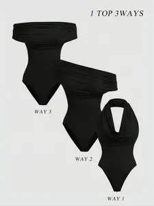 Women's 3 Piece New Fashion Comfortable Solid Color Knit Set, One Shoulder, Asymmetrical Neckline, Hanging Back Vest Bodysuit