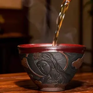 Hand-Carved Guanyin Buddha Jian Zhan Tea Cup | Traditional Chinese Ceramic Art