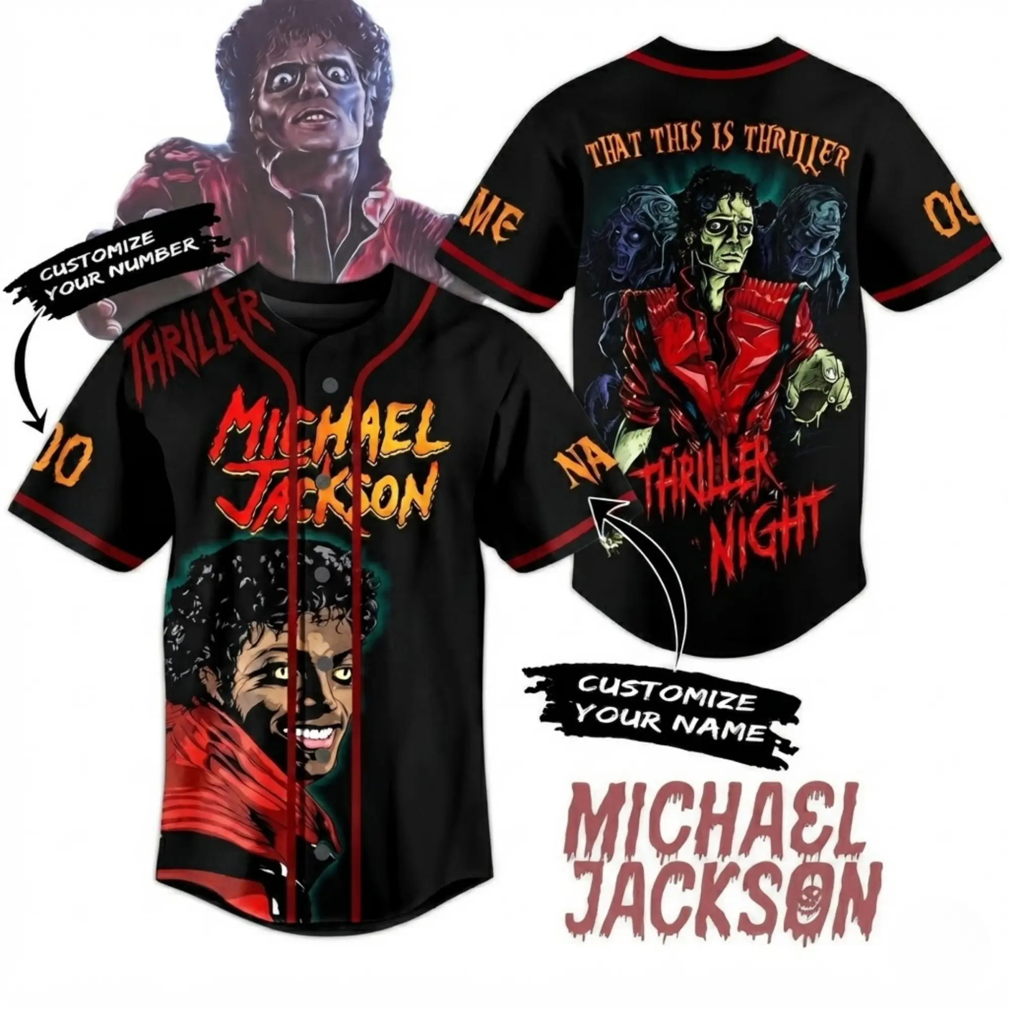 Michael Jackson Thriller Baseball Jersey, Personalized Name & Number Halloween Shirt, King of Pop Thriller Night Full Button Down Jersey, MJ Music Fan Gift, Vintage Party Outfit, Unisex Halloween Clothing For Men & Women