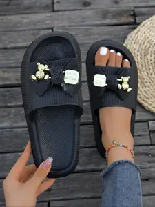 Women's Cute Bear Decor Slides, Casual Comfortable Non-slip Slides for Summer, Lightweight Breathable Slippers for Indoor & Outdoor Wear, Girl