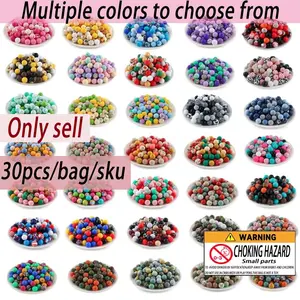 30pcs silicone printed beads and solid color beads combination DIY craft, bead pens, keychain pendants, art supplies, Bead Assortment