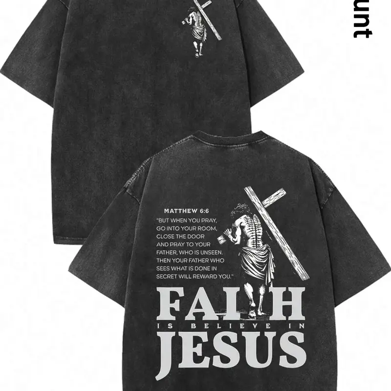 Men's Vintage Jesus & Slogan Print Short Sleeve Graphic Tee, Casual Comfy T-shirt for Daily Wear, Men's Top for Spring & Fall, Casual Graphic Design, Tropical, Cotton