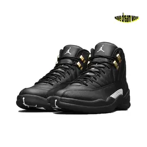 Black High-Top Retro Basketball Shoes with All-Black Leather Upper, Gold Metallic Lace Locks