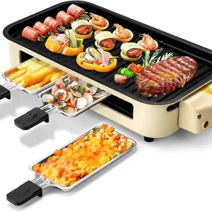 SUSTEAS Electric Smokeless Grill: 1500W power, non-stick surface. Includes 3 mini raclette pans. Dishwasher safe for easy cleaning. Perfect for indoor grilling.