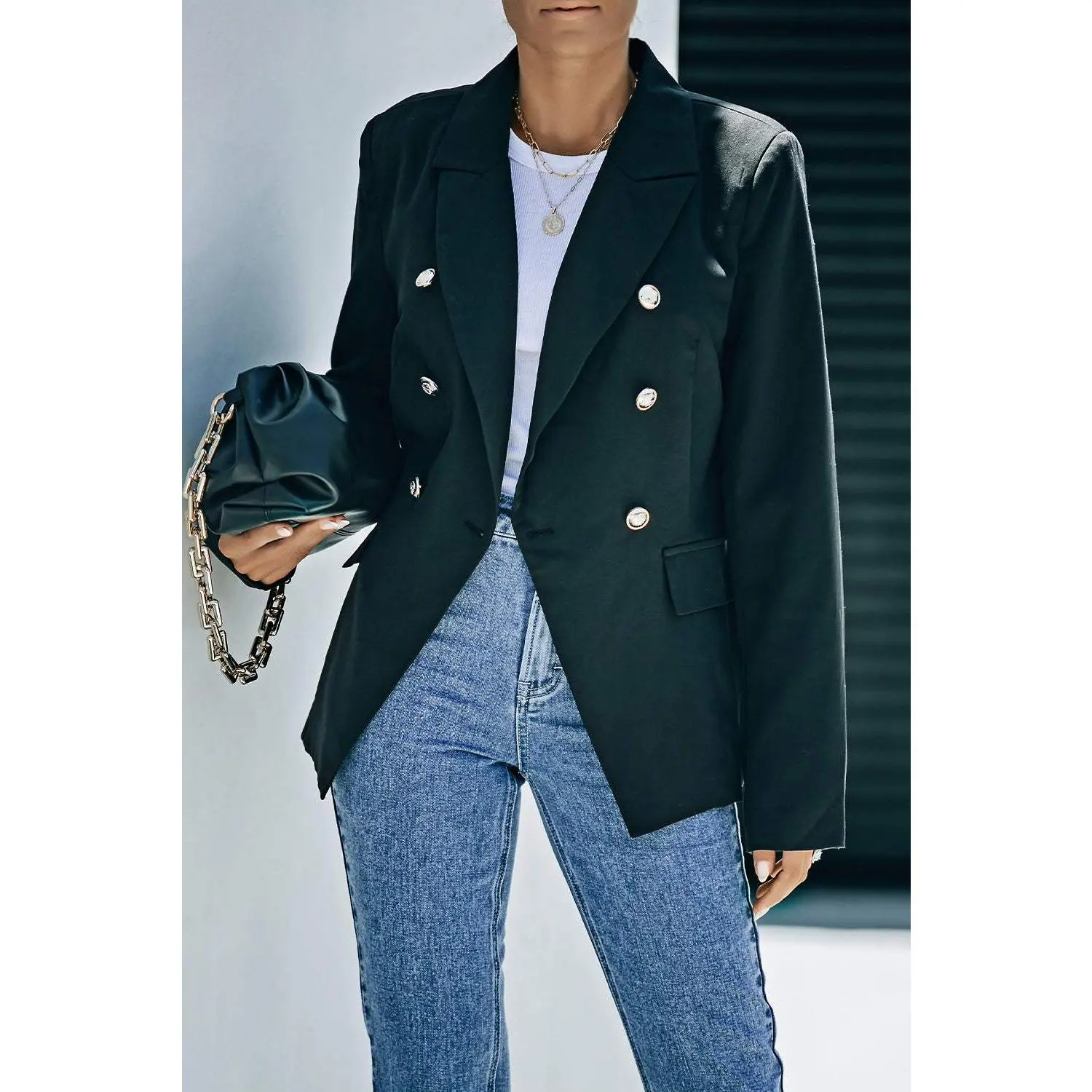 Double-Breasted Padded Shoulder Blazer