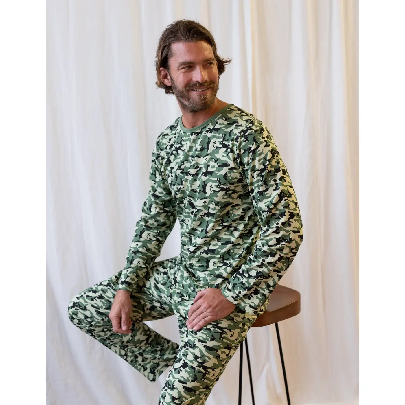 Mens 2pc Cotton Loose Fit Green Camouflage Pajamas