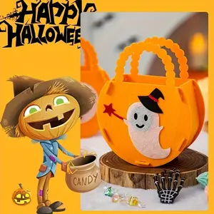5pcs Felt Halloween Trick-Or-Treat Bags, Christmas Handheld Candy Bags, Festival Party Decor Pumpkin Bags, Gift Packaging Supplies