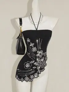 SHANIAH Women's Black Asymmetrical Knitted Bandeau Top With Sparkly Floral Design. A Casual Regular Length Strapless Blouse For Everyday Style.