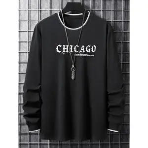 Chicago Print men’s street daily long-sleeve high-stretch crewneck T-shirt, casual top, polyester fabric; men’s clothing hoodie sweatshirt gamis graphic T-shirts graphic tee men gifts good graphic tees 90s graphic tees hell star funny T-shirt men’s