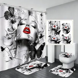 4pcs Shower Curtain Set with Lips Pattern, Gothic Art Bathroom Decor, The floor mat fabric is thicker and softer! Non-Slip Mat, Toilet Seat Cover, U-Shaped Mat, Butterfly