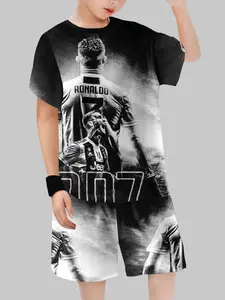 Boys Retro Short Sleeve Set, Football Star Theme Print T-Shirt and Shorts Two-Piece, clothing sets, Summer Casual Athletic Wear Clothing for Fans