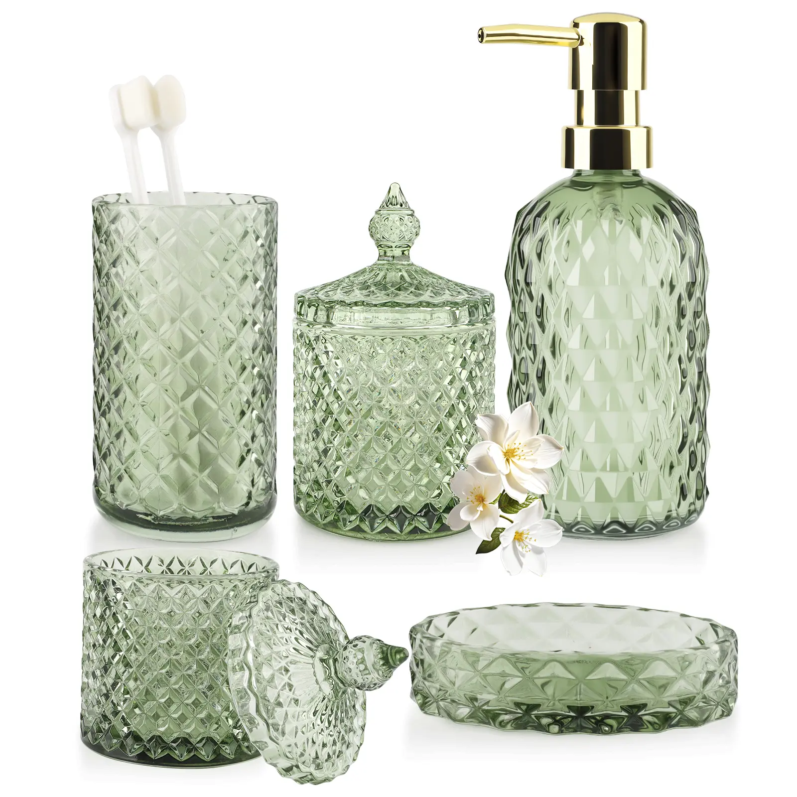 5Pcs Glass Bathroom Accessories Set,Green Vintage Bathroom Accessory Set, Bathroom Counter Sink Toothbrush Holder Set Includes Hand/Lotion Soap Dispenser & Tumbler & Soap Dish & Qtip Holders