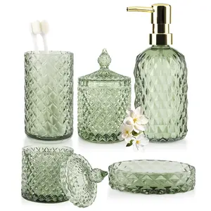 5Pcs Glass Bathroom Accessories Set,Green Vintage Bathroom Accessory Set, Bathroom Counter Sink Toothbrush Holder Set Includes Hand/Lotion Soap Dispenser & Tumbler & Soap Dish & Qtip Holders