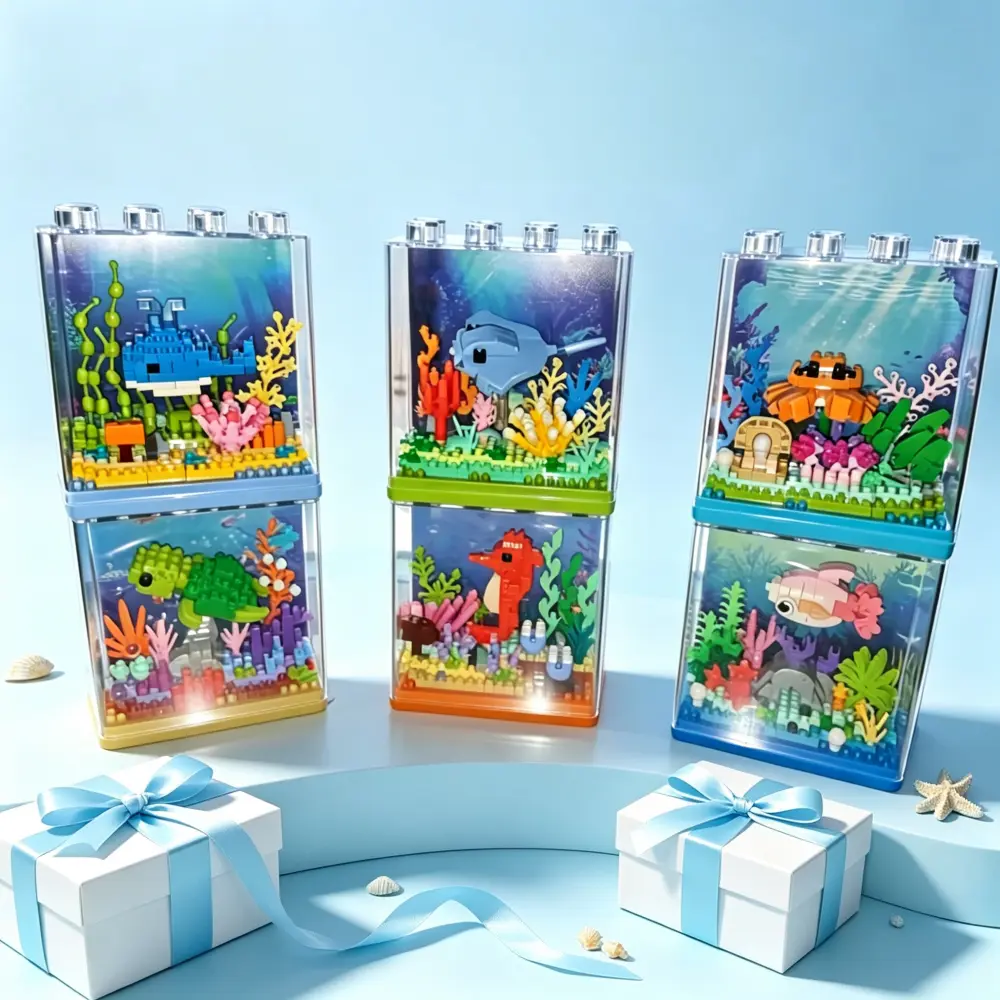 Creative Mini Aquarium Building Blocks Set, Stackable Sea Marine Life Animal Bricks Model with Clear Dust‑Proof Cover, DIY Desktop Decor Ornament, Educational Toy Gift for Boys Girls
