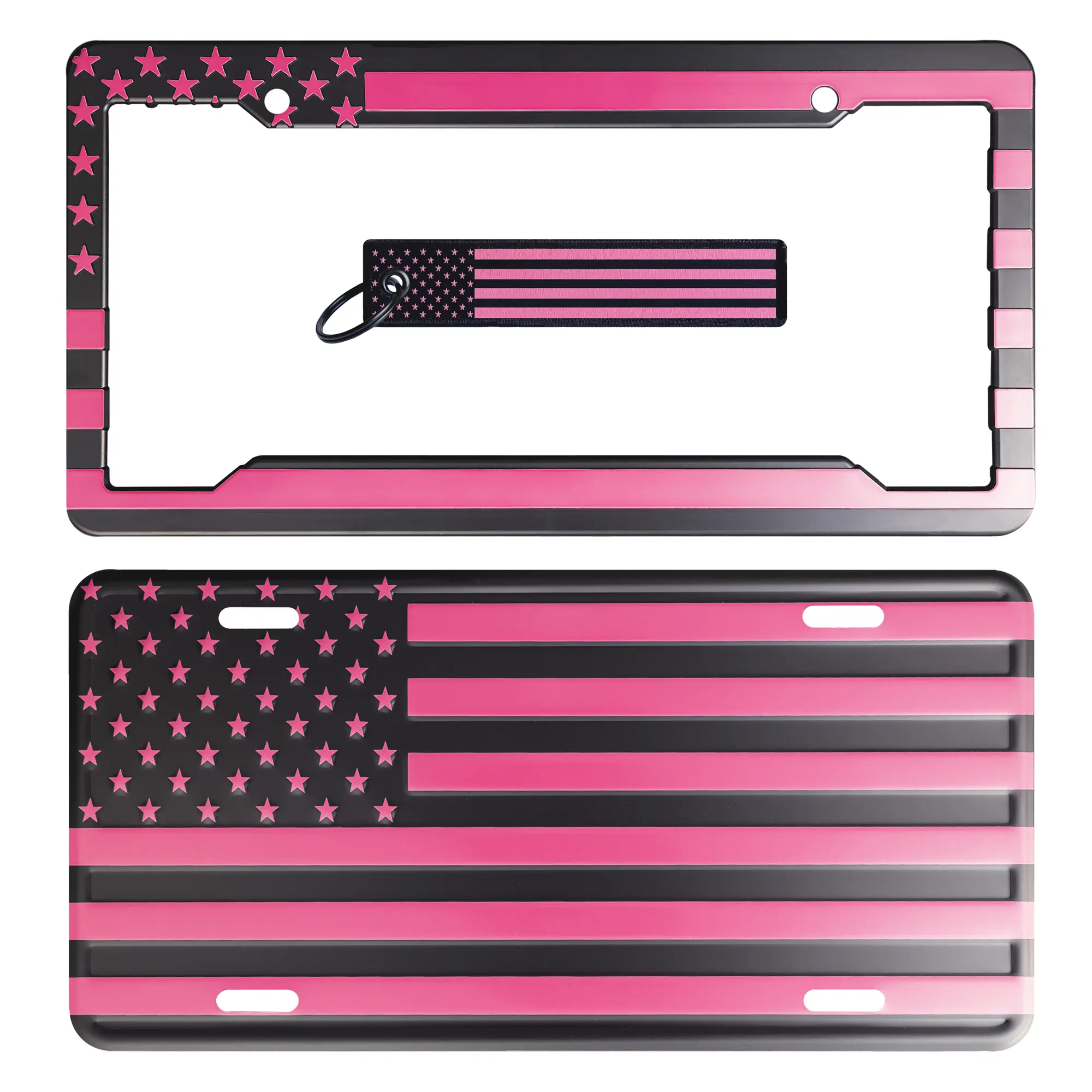 Pink on Matte Black American Flag License Plate, Frame, and Key Tag Combo