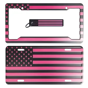 Pink on Matte Black American Flag License Plate, Frame, and Key Tag Combo