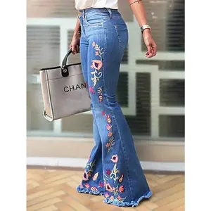 Women's high-elastic embroidered flared jeans