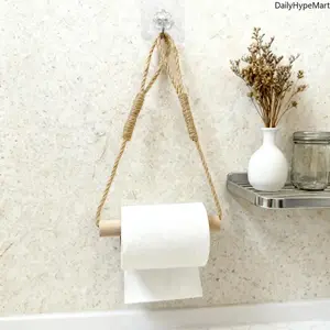 Wooden Stick Hemp Rope Tissue Holder, Handmade Toilet Paper Hanger