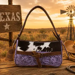 Genuine Leather Cowhide Western Tooled Purple and Brown Handbag, Unique Gift, Party Gift