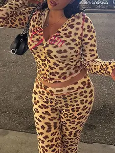 Women's Y2K Leopard - Print Hooded Crop Top & Flare Pants Set