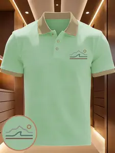 Men's Casual Slim-Fit Geometric Print Polo Shirt, British Style Contrast Collar Short Sleeve, Business & Leisure Top