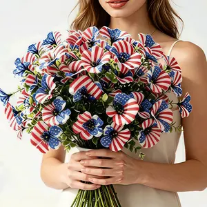 Patriotic Artificial Flowers Bouquet, UV Resistant Red White Blue Faux Flowers for Memorial Day & 4th of July Decor, Outdoor Porch Planter Window Box Party Decorations