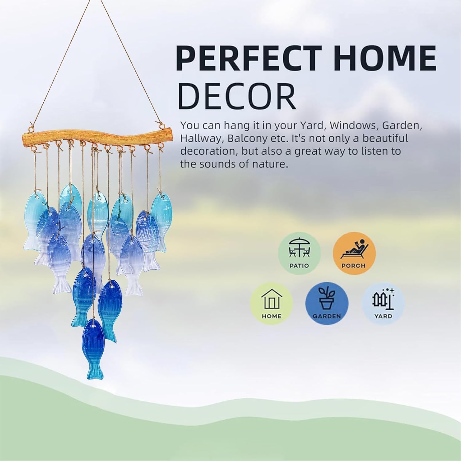 23-inch Blue Glass Ocean Wind Chime — Handmade Fish-Shaped Outdoor Wind Chime for Beach Parties and Wedding Decorations